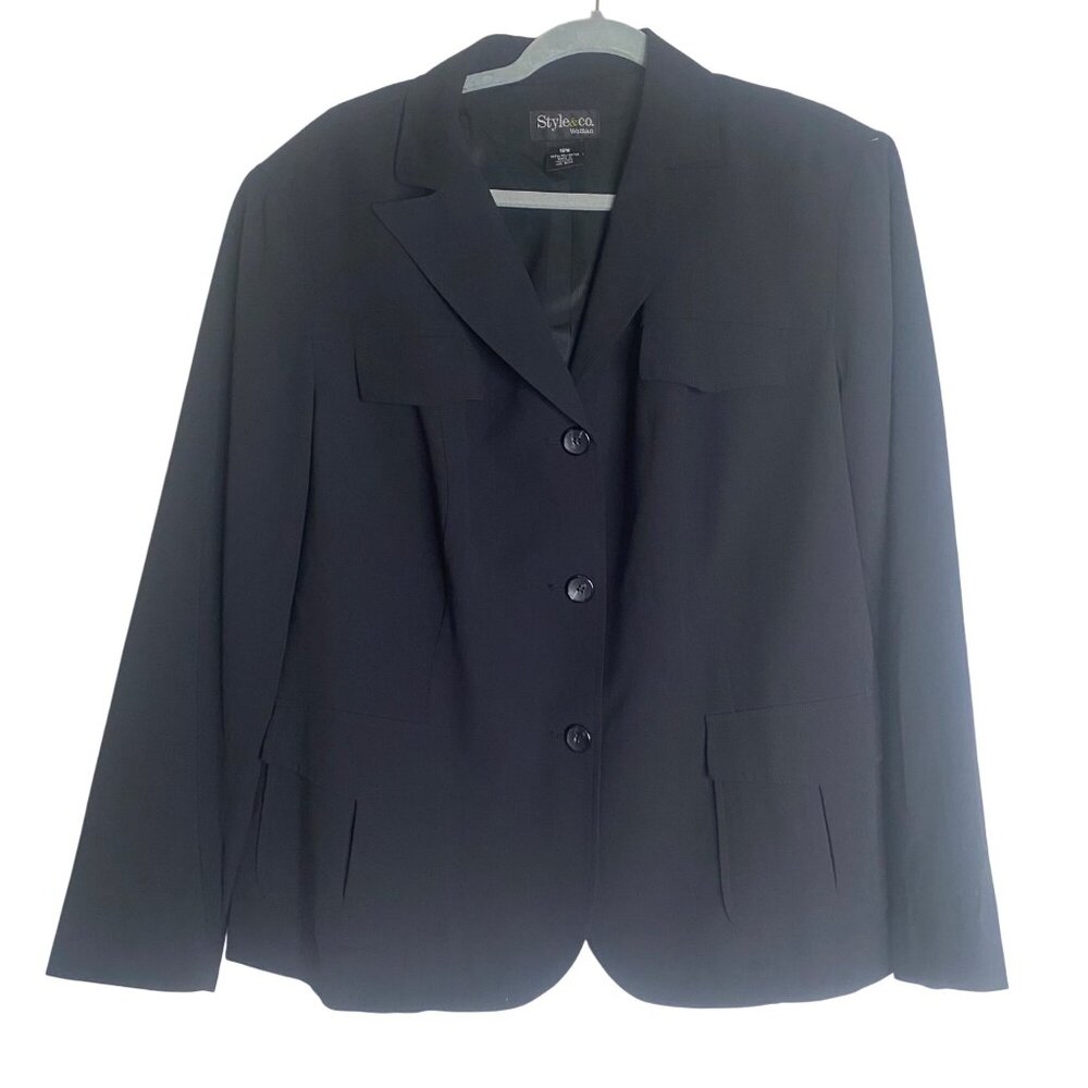 Style & Co. Blazer Jacket Women 18W‎ Black Button Up Lined Career Office